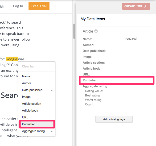 Adding markup in Google markup tool