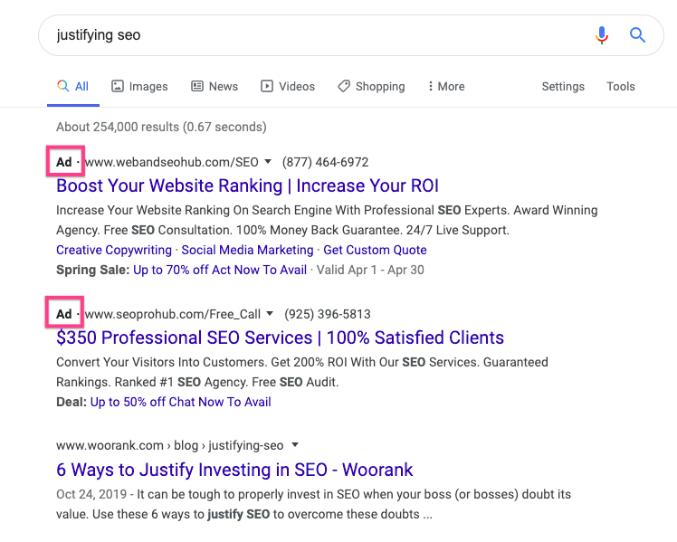Google Search Results Page with Ad results
