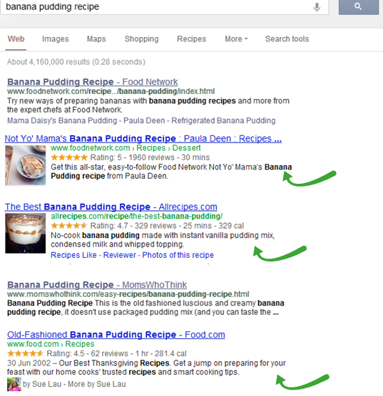 Visual content in search results for banana pudding recipe