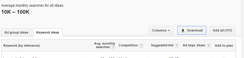Download keyword ideas from Keyword Planner