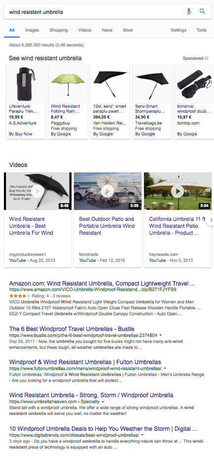 Search results for wind resistant umbrellas demonstrating transactional intent