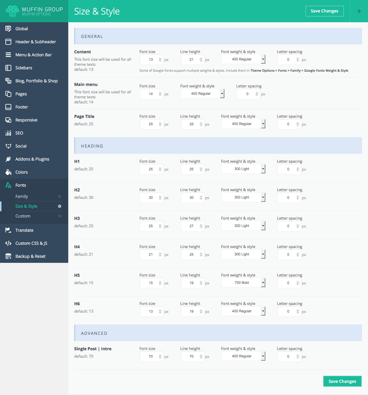 Muffin Builder theme mobile font size options