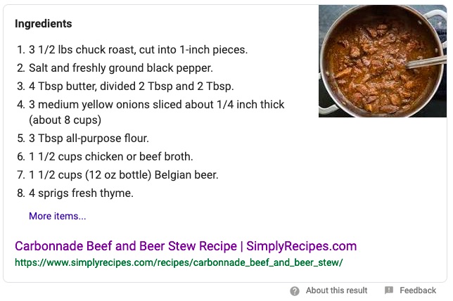 Recipe featured snippet with step-by-step directions