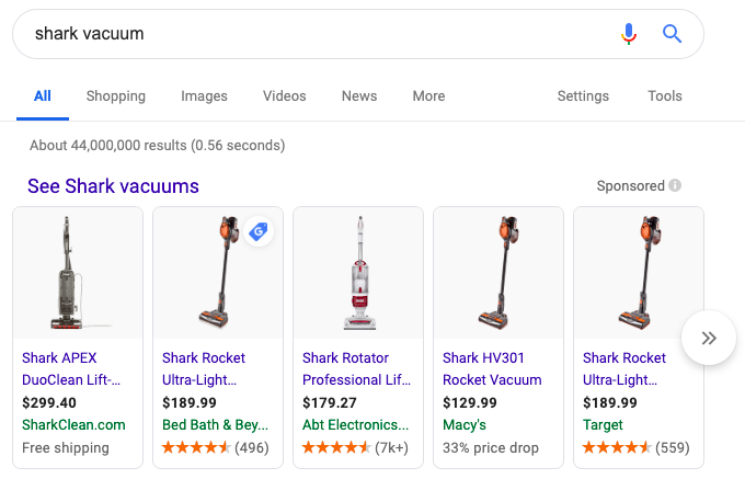 Google Shopping carousel results