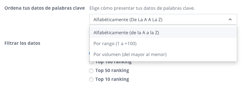 Opciones para ordenar datos de palabras clave en WooRank