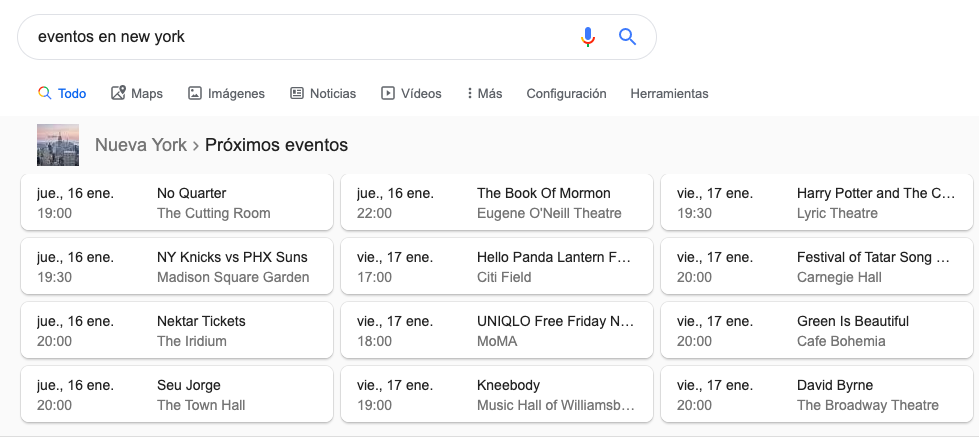 SERP de eventos locales