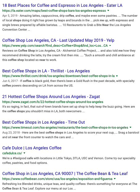 Local organic results for keywords in Los Angeles