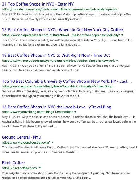 Local organic results for keywords in New York