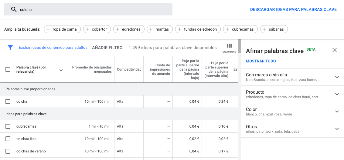Ideas de grupos de anuncios del Planificador de palabras clave para palabras clave LSI